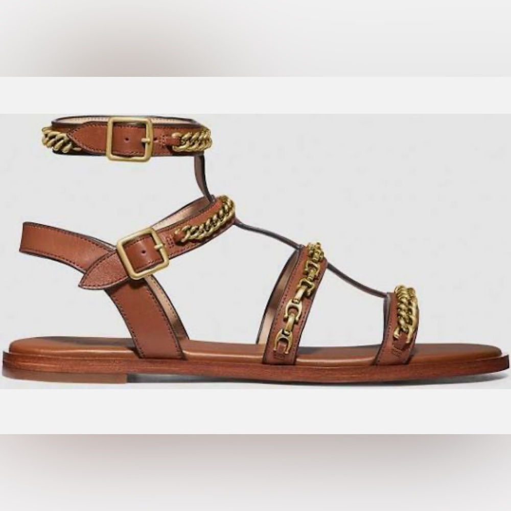 Coach Brown Leather Gladiator Sandals with Gold Chain Trim